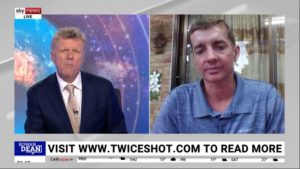 Split screen picture of Daryl side by side with Sky News anchor Rowan Dean