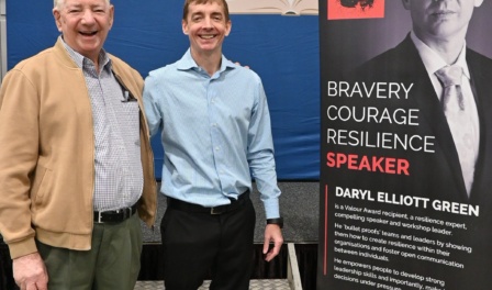 Photo Of Daryl Elliott Green And His Father Alan In Front Of A Large Lifeline Bookfest Banner At The Lifeline Brisbane Bookfest Event On Saturday 17 June 2023, Just After Daryl Spoke To Attendees.