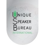 Unique Speaker Bureau International logo with pale globe background