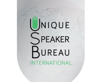 Unique Speaker Bureau International logo with pale globe background
