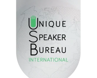 Unique Speaker Bureau International logo with pale globe background